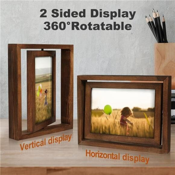 Rustic wood 4x6 rotating picture frame set double sided glass photo display - Picture 4 of 7